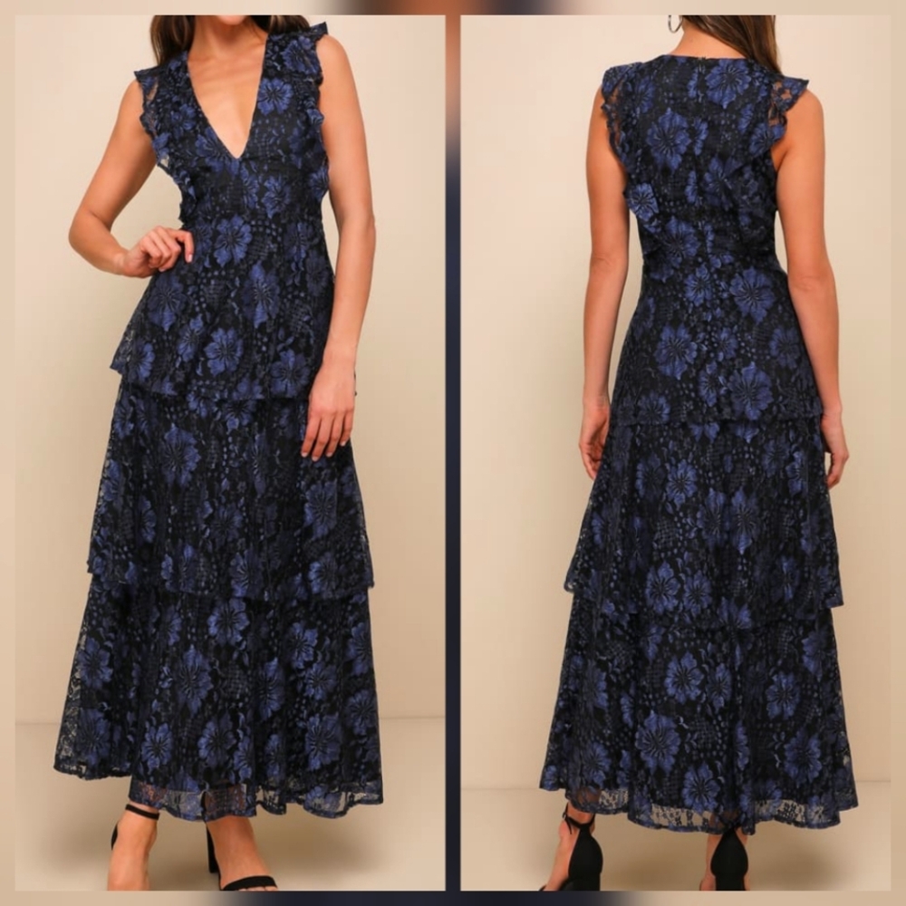 Lulu's Navy and Black Floral Lace Tiered Maxi Dress